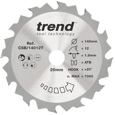 TREND Wood sladdlös cirkelsågblad, 140 mm diameter, 20 mm borrning, 12 tänder, 1,8 mm skärfog, +20° krok, TCT, grov yta, CSB/14012T TREND Wood sladdlös cirkelsågblad, 140 mm diameter, 20 mm borrning, 12 tänder, 1,8 mm skärfog, +20° krok, TCT, grov yta, CSB/14012T