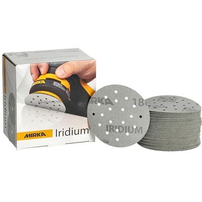 Mirka Iridium Premium sandpapper Ø 77mm / 20-hål/Kardborreband/korn 180/50 st/För slipning av lack, spackel, grundfärg, trä, stål, mineraliska material, plast Mirka Iridium Premium sandpapper Ø 77mm / 20-hål/Kardborreband/korn 180/50 st/För slipning av lack, spackel, grundfärg, trä, stål, mineraliska material, plast