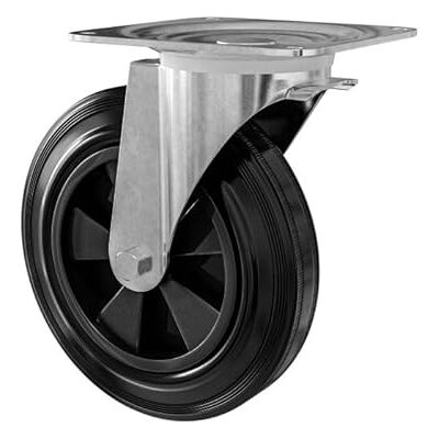 Amig Hjul med metallplatta Polypropylenkärna och svart gummibeläggning Diameter 200 mm x Tjocklek 50 mm Bärkapacitet upp till 200 kg Idealisk för containrar Amig Hjul med metallplatta Polypropylenkärna och svart gummibeläggning Diameter 200 mm x Tjocklek 50 mm Bärkapacitet upp till 200 kg Idealisk för containrar