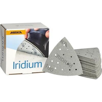Mirka Iridium Premium sandpapper för hörnslipmaskiner 93x93x93mm / Kardborreband / 15-hål/korn 100/50 st/För slipning av lack, spackel, grundfärg, trä, stål, mineraliska material, plast Mirka Iridium Premium sandpapper för hörnslipmaskiner 93x93x93mm / Kardborreband / 15-hål/korn 100/50 st/För slipning av lack, spackel, grundfärg, trä, stål, mineraliska material, plast