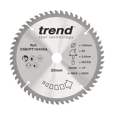 TREND laminat- och HPL-cirkelsågblad, 184 mm diameter, 20 mm borrning, 56 tänder, 2,6 mm skärfog, +4° krok, TCT, superfin yta, CSB/PT18456A TREND laminat- och HPL-cirkelsågblad, 184 mm diameter, 20 mm borrning, 56 tänder, 2,6 mm skärfog, +4° krok, TCT, superfin yta, CSB/PT18456A
