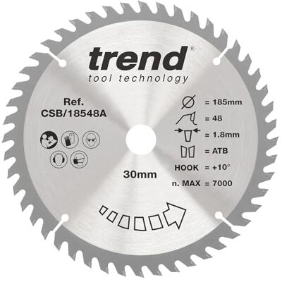 TREND Wood sladdlös cirkelsågblad, 185 mm diameter, 30 mm borrning, 48 tänder, 1,8 mm skärfog, 10° krok, TCT, fin yta, CSB/18548A TREND Wood sladdlös cirkelsågblad, 185 mm diameter, 30 mm borrning, 48 tänder, 1,8 mm skärfog, 10° krok, TCT, fin yta, CSB/18548A