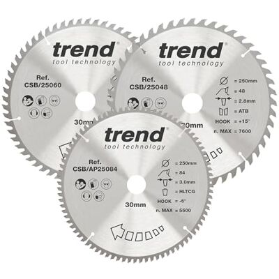 TREND CraftPro Trippelpaket med TCT-cirkelsågblad, 250 mm diameter x 48, 60 och 84 tänder x 30 mm borrning, hårdmetallspetsar, CSB/250/3PK, förpackning med 3 stycken TREND CraftPro Trippelpaket med TCT-cirkelsågblad, 250 mm diameter x 48, 60 och 84 tänder x 30 mm borrning, hårdmetallspetsar, CSB/250/3PK, förpackning med 3 stycken