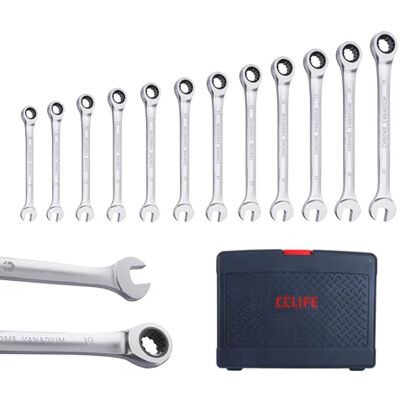 CCLIFE 12-delad spärrnyckelsats, ringspärrnyckel gaffelnyckel 8–19 mm, Cr-V 72 tänder, verktygsset för bilreparation, inkl. plastlåda CCLIFE 12-delad spärrnyckelsats, ringspärrnyckel gaffelnyckel 8–19 mm, Cr-V 72 tänder, verktygsset för bilreparation, inkl. plastlåda