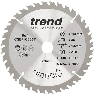 TREND Wood cirkelsågblad, 165 mm diameter, 30 mm borrning, 36 tänder, 2,4 mm skärfog, +10° krok, TCT, medelyta, CSB/16536 TREND Wood cirkelsågblad, 165 mm diameter, 30 mm borrning, 36 tänder, 2,4 mm skärfog, +10° krok, TCT, medelyta, CSB/16536
