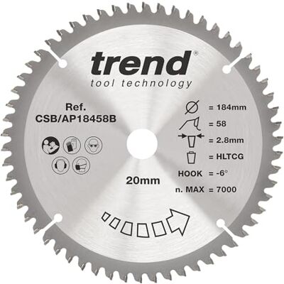 TREND cirkelsågblad av aluminium och plast, 184 mm diameter, 20 mm borrning, 58 tänder, 2,8 mm skärfog, -6° krokar, TCT, extra fin yta, CSB/AP18458B TREND cirkelsågblad av aluminium och plast, 184 mm diameter, 20 mm borrning, 58 tänder, 2,8 mm skärfog, -6° krokar, TCT, extra fin yta, CSB/AP18458B
