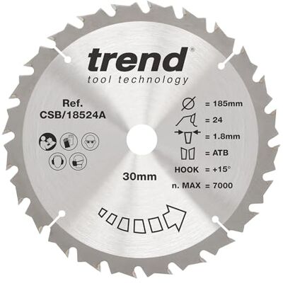 TREND Wood sladdlös cirkelsågblad, 185 mm diameter, 20 mm borrning, 24 tänder, 1,8 mm skärfog, +15° krok, TCT, medelyta, CSB/18524 TREND Wood sladdlös cirkelsågblad, 185 mm diameter, 20 mm borrning, 24 tänder, 1,8 mm skärfog, +15° krok, TCT, medelyta, CSB/18524