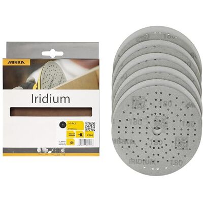 Mirka Iridium Premium sandpapper Ø 150mm / kardborreband / 121-hål/korn 180/10 st/För slipning av lack, spackel, primer, trä, stål, mineraliska material, plast Mirka Iridium Premium sandpapper Ø 150mm / kardborreband / 121-hål/korn 180/10 st/För slipning av lack, spackel, primer, trä, stål, mineraliska material, plast