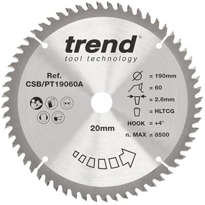 TREND laminat- och HPL-cirkelsågblad, 190 mm diameter, 20 mm borrning, 60 tänder, 2,6 mm skärfog, +4° krok, TCT, superfin yta, CSB/PT19060A TREND laminat- och HPL-cirkelsågblad, 190 mm diameter, 20 mm borrning, 60 tänder, 2,6 mm skärfog, +4° krok, TCT, superfin yta, CSB/PT19060A