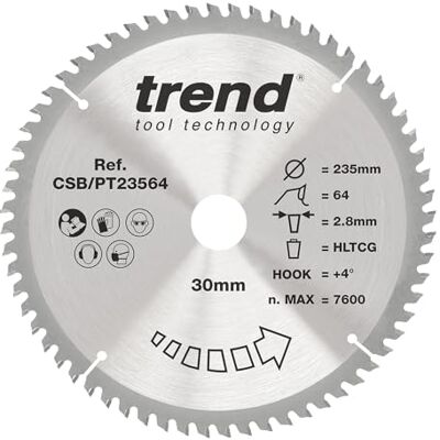 TREND laminat- och HPL-cirkelsågblad, 235 mm diameter, 30 mm borrning, 64 tänder, 2,8 mm skärfog, +4° krok, TCT, superfin yta, CSB/PT23564 TREND laminat- och HPL-cirkelsågblad, 235 mm diameter, 30 mm borrning, 64 tänder, 2,8 mm skärfog, +4° krok, TCT, superfin yta, CSB/PT23564