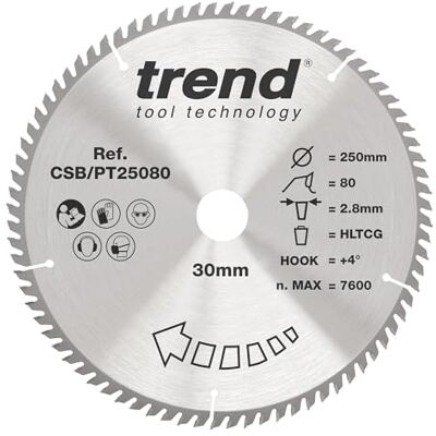 TREND laminat- och HPL-cirkelsågblad, 250 mm diameter, 30 mm borrning, 80 tänder, 2,8 mm skärfog, +4° krok, TCT, superfin yta, CSB/PT25080 TREND laminat- och HPL-cirkelsågblad, 250 mm diameter, 30 mm borrning, 80 tänder, 2,8 mm skärfog, +4° krok, TCT, superfin yta, CSB/PT25080