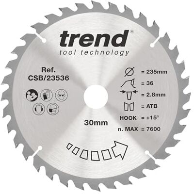TREND Wood cirkelsågblad, 235 mm diameter, 30 mm borrning, 36 tänder, 2,8 mm skärfog, +15° krok, TCT, medelyta, CSB/23536 TREND Wood cirkelsågblad, 235 mm diameter, 30 mm borrning, 36 tänder, 2,8 mm skärfog, +15° krok, TCT, medelyta, CSB/23536