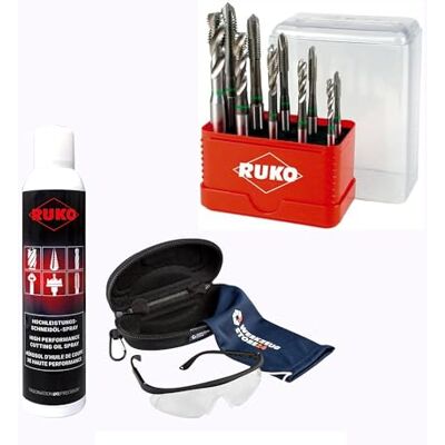 RUKO Maskingängborrsats HSS, 10 delar, M4–M10, DIN 371 Form B, gängskärare för stål, aluminium och icke-järnmetaller, exakt och hållbar, inkl. spray och skyddsglasögon RUKO Maskingängborrsats HSS, 10 delar, M4–M10, DIN 371 Form B, gängskärare för stål, aluminium och icke-järnmetaller, exakt och hållbar, inkl. spray och skyddsglasögon