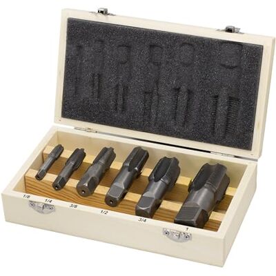 Drill America Borr Amerika DWTPT1/8-1 set 6 delar kolstål NPT rörkran set, 1/8", 1/4", 3/8", 1/2", 3/4 och 1 tum i träfodral, obelagd (ljus), höger hand Drill America Borr Amerika DWTPT1/8-1 set 6 delar kolstål NPT rörkran set, 1/8", 1/4", 3/8", 1/2", 3/4 och 1 tum i träfodral, obelagd (ljus), höger hand