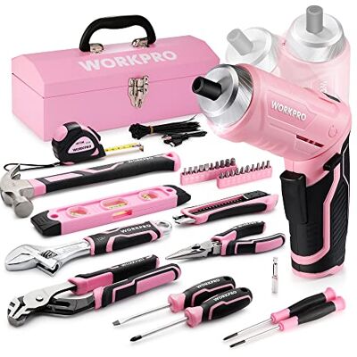 WORKPRO 73 st. Verktygsset rosa med sladdlös skruvdragare, liten, rosa metallverktygslåda fylld för hushåll reparation med vattenpass, vattenpumptång, gåva till Mutti gör-det-själv WORKPRO 73 st. Verktygsset rosa med sladdlös skruvdragare, liten, rosa metallverktygslåda fylld för hushåll reparation med vattenpass, vattenpumptång, gåva till Mutti gör-det-själv