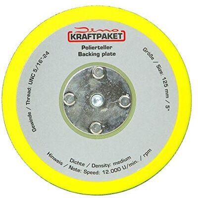 Dino KRAFTPAKET 640259 125 mm stödtallrik 5/16-24 med kardborrband, polerplatta för excentrisk polermaskin, 600 W-8 mm, 650 W-9 mm lyft, gul Dino KRAFTPAKET 640259 125 mm stödtallrik 5/16-24 med kardborrband, polerplatta för excentrisk polermaskin, 600 W-8 mm, 650 W-9 mm lyft, gul