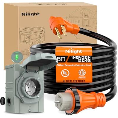 Nilight 50 A 15 fot generator förlängningssladd och elinloppslåda 125/250 V kraftig 6/3+8/1 mätare STW ETL-listad NEMA 14-50P/SS2-50R vridlåsanslutning för generator RV utomhusbruk Nilight 50 A 15 fot generator förlängningssladd och elinloppslåda 125/250 V kraftig 6/3+8/1 mätare STW ETL-listad NEMA 14-50P/SS2-50R vridlåsanslutning för generator RV utomhusbruk