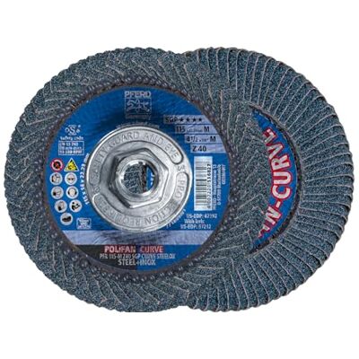 PFERD 67212 Polifan Zirkon kurva radiell typ klaffskiva, zirkoniumaluminium, 10,5 cm diameter, 5/8-11 tråd, 13300 RPM, 40 korn PFERD 67212 Polifan Zirkon kurva radiell typ klaffskiva, zirkoniumaluminium, 10,5 cm diameter, 5/8-11 tråd, 13300 RPM, 40 korn