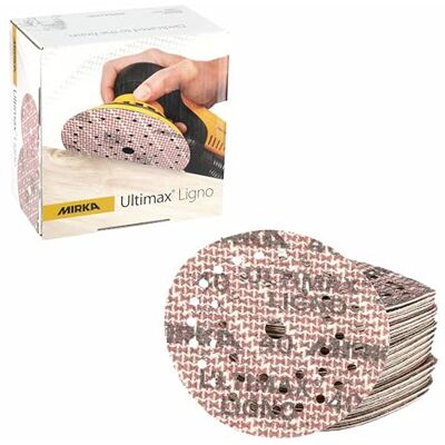 Mirka Ultimax Ligno Ø 125mm slipskiva/Multifit/Kardborreband/korn 40/50 st/multiperforering/för slipning av träytor Mirka Ultimax Ligno Ø 125mm slipskiva/Multifit/Kardborreband/korn 40/50 st/multiperforering/för slipning av träytor