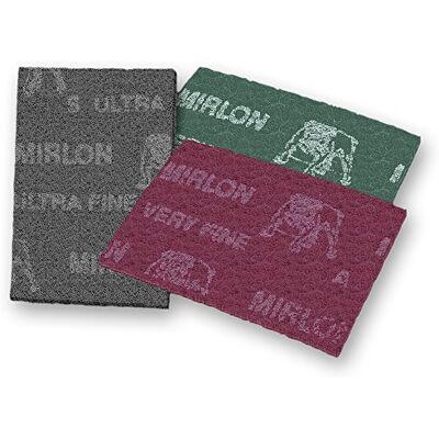 Mirka 8019002032 Mirlon fiberduk – 152 x 229 mm – 320 korn – korn: Aluminiumoxid – bindning: Harts – underlag: icke-vävd – beläggning: tredimensionell – grön – förpackningen innehåller 20 stycken Mirka 8019002032 Mirlon fiberduk – 152 x 229 mm – 320 korn – korn: Aluminiumoxid – bindning: Harts – underlag: icke-vävd – beläggning: tredimensionell – grön – förpackningen innehåller 20 stycken