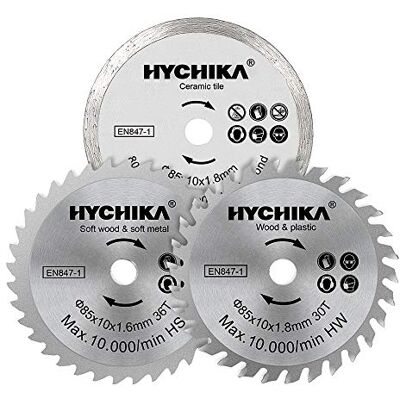 HYCHIKA BETTER TOOLS FOR BETTER LIFE HYCHIKA Mini cirkelsågblad 3 stycken diameter: 85 mm, spik: 10 mm, HC/HS/Diamond 4 500 varv/min HYCHIKA BETTER TOOLS FOR BETTER LIFE HYCHIKA Mini cirkelsågblad 3 stycken diameter: 85 mm, spik: 10 mm, HC/HS/Diamond 4 500 varv/min