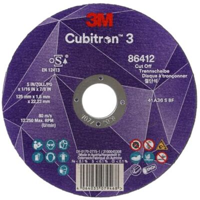 Cubitron 3M 3 skärskiva, 86581, 80+, T41, 115 mm x 0,8 mm x 22,23 mm, EN, 25/pack, 50 stycken/förpackning Cubitron 3M 3 skärskiva, 86581, 80+, T41, 115 mm x 0,8 mm x 22,23 mm, EN, 25/pack, 50 stycken/förpackning
