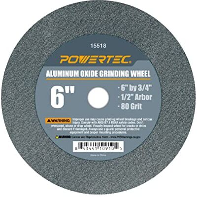 POWERTEC Bench Grinder Wheel 6 Inch 80 Grit, Aluminum Oxide Grinding Wheel for Bench Pedestal Grinder, 3/4" Thick 1/2" Arbor, Sharpening & Shaping Drill Bits, Blade, and Chisel 1PK (15518) POWERTEC Bench Grinder Wheel 6 Inch 80 Grit, Aluminum Oxide Grinding Wheel for Bench Pedestal Grinder, 3/4" Thick 1/2" Arbor, Sharpening & Shaping Drill Bits, Blade, and Chisel 1PK (15518)
