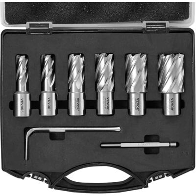 VEVOR Sortiment av kärnfräsar, 6 st ringformade bitar, svetsbitar, diameter 13–27 mm, borrdjup, 25 mm, snabbstål, HSS, tillbehör för magnetisk borrmaskin, metallborrning VEVOR Sortiment av kärnfräsar, 6 st ringformade bitar, svetsbitar, diameter 13–27 mm, borrdjup, 25 mm, snabbstål, HSS, tillbehör för magnetisk borrmaskin, metallborrning
