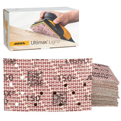 Mirka slippapper Ultimax Ligno 81x133 mm, korn P120, med kardborrefäste och multifit-hål för dammfritt arbete, 50-pack Mirka slippapper Ultimax Ligno 81x133 mm, korn P120, med kardborrefäste och multifit-hål för dammfritt arbete, 50-pack
