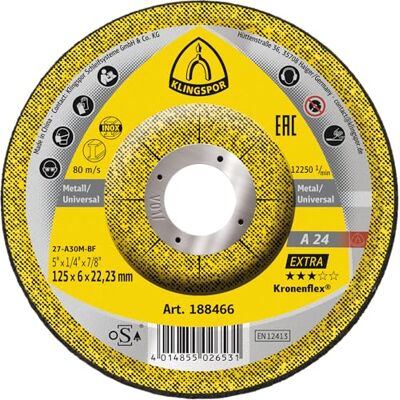 Klingspor 188466 Kronenflex A 24 extra slipskiva för metaller, 125 mm diameter, 6 mm tjocklek, 22,23 mm hål, 10-pack Klingspor 188466 Kronenflex A 24 extra slipskiva för metaller, 125 mm diameter, 6 mm tjocklek, 22,23 mm hål, 10-pack