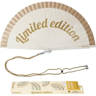 FISURA – Original fläkt med meddelande "Limited Edition" vändbar träfläkt med färgglad glitter modern guld och vit handfläkt hängare ingår storlek: 42,5 x 23 cm FISURA – Original fläkt med meddelande "Limited Edition" vändbar träfläkt med färgglad glitter modern guld och vit handfläkt hängare ingår storlek: 42,5 x 23 cm