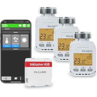 Elektrobock PH-startpaket 2 – värmekontroll via app – 3 radiatortermostater med gateway och display – Smart Home – Boost-funktion – Enkel installation, vit Elektrobock PH-startpaket 2 – värmekontroll via app – 3 radiatortermostater med gateway och display – Smart Home – Boost-funktion – Enkel installation, vit