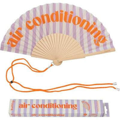 FISURA – Original fläkt med "air conditioning" -meddelande modern färgglad träfläkt lila randig handfläkt inklusive hängare rolig presentidé 42,5 x 23 cm FISURA – Original fläkt med "air conditioning" -meddelande modern färgglad träfläkt lila randig handfläkt inklusive hängare rolig presentidé 42,5 x 23 cm