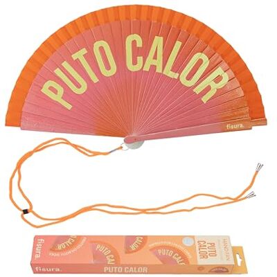 FISURA – Handfläkt i trä med texten “p*to calor”. Vändbar modell i rosa och orange toning. Färgglad accessoar med upphängningsögla. 42,5 x 23 centimeter. FISURA – Handfläkt i trä med texten “p*to calor”. Vändbar modell i rosa och orange toning. Färgglad accessoar med upphängningsögla. 42,5 x 23 centimeter.