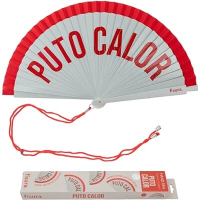 FISURA – Handfläkt i trä med texten “p*to calor”. Röd och vit, vändbar fläkt. Färgglad accessoar med praktisk upphängning. 42,5 x 23 centimeter. FISURA – Handfläkt i trä med texten “p*to calor”. Röd och vit, vändbar fläkt. Färgglad accessoar med praktisk upphängning. 42,5 x 23 centimeter.