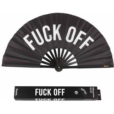 FISURA Stor hopfällbar fläkt "f*CK Off", originalfläkt med stort meddelande, svart, XXL, vikbar fläkt i bambu. Mått: 64 x 33 cm. FISURA Stor hopfällbar fläkt "f*CK Off", originalfläkt med stort meddelande, svart, XXL, vikbar fläkt i bambu. Mått: 64 x 33 cm.