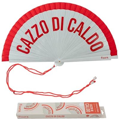 FISURA – Handfläkt i trä med texten “c*zzo di caldo”. Vändbar modell i rött och vitt. Trendig accessoar med upphängningsögla. Mått: 42,5 x 23 centimeter. FISURA – Handfläkt i trä med texten “c*zzo di caldo”. Vändbar modell i rött och vitt. Trendig accessoar med upphängningsögla. Mått: 42,5 x 23 centimeter.