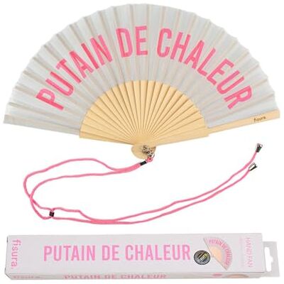 FISURA Originalfläkt med meddelandet "p*tain de chaleur". Modern och rolig fläkt av trä. Grå och rosa fläkt. Mått: 42,5 x 23 cm. Trä och textil. FISURA Originalfläkt med meddelandet "p*tain de chaleur". Modern och rolig fläkt av trä. Grå och rosa fläkt. Mått: 42,5 x 23 cm. Trä och textil.