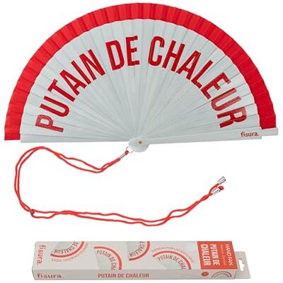 FISURA – Handfläkt med texten “p*tain de chaleur”. Vändbar träfläkt i rött och vitt. Sommarens accessoar med upphängning. Mått: 42,5 x 23 centimeter. FISURA – Handfläkt med texten “p*tain de chaleur”. Vändbar träfläkt i rött och vitt. Sommarens accessoar med upphängning. Mått: 42,5 x 23 centimeter.