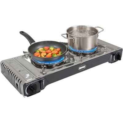 Amig Bärbar campinggasspis med 2 brännare CAMP02 Dubbelkök 2 brännare Inkluderar stekhäll Gjutjärnsgrill Rostfritt stål 2,2 kW effekt x 2 Kompatibel med B-250-patroner Amig Bärbar campinggasspis med 2 brännare CAMP02 Dubbelkök 2 brännare Inkluderar stekhäll Gjutjärnsgrill Rostfritt stål 2,2 kW effekt x 2 Kompatibel med B-250-patroner