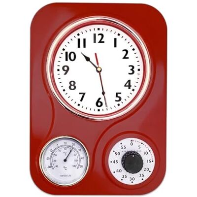 Lily's Home – 9,5 tum x 12,5 tum – retro kök väggklocka, vintage väggklocka med termometer och 60 minuters timer, perfekt för alla kök, kontor eller matsal (retro röd) Lily's Home – 9,5 tum x 12,5 tum – retro kök väggklocka, vintage väggklocka med termometer och 60 minuters timer, perfekt för alla kök, kontor eller matsal (retro röd)