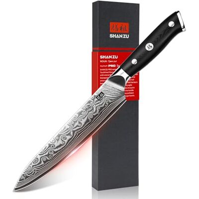 SHAN ZU Allzweckmesser 15cm, Damast Küchenmesser, Japanisches Kochmesser mit scharfer Klinge aus 67 Lagen Kohlenstoffstahl und G10-Griff PRO Series SHAN ZU Allzweckmesser 15cm, Damast Küchenmesser, Japanisches Kochmesser mit scharfer Klinge aus 67 Lagen Kohlenstoffstahl und G10-Griff PRO Series