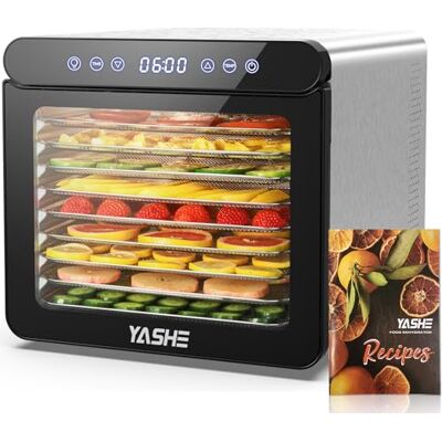YASHE Torkningsverktyg i rostfritt stål med digital kontroll (temperatur upp till 75 °C, timer upp till 48 timmar), 9 plattor för frukt och grönsaker, bakre fläkt för 360° luftcirkulation, 800 W YASHE Torkningsverktyg i rostfritt stål med digital kontroll (temperatur upp till 75 °C, timer upp till 48 timmar), 9 plattor för frukt och grönsaker, bakre fläkt för 360° luftcirkulation, 800 W