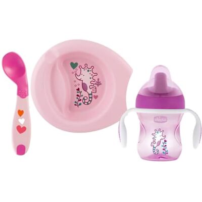 Chicco Set bestående av Training Cup Cup, första sked, varm matplatta, lätt, ålder 6 månader +, rosa, flickans version Chicco Set bestående av Training Cup Cup, första sked, varm matplatta, lätt, ålder 6 månader +, rosa, flickans version