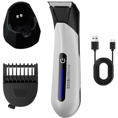 BARBERBOSS Hårtrimmer för män, vattentät ljumsk och bollgroomer, hudvänligt keramiskt blad, kamma med justerbar längd, USB-laddningsstativ och LED-ljus, manlig hygien rakapparat (vit) BARBERBOSS Hårtrimmer för män, vattentät ljumsk och bollgroomer, hudvänligt keramiskt blad, kamma med justerbar längd, USB-laddningsstativ och LED-ljus, manlig hygien rakapparat (vit)