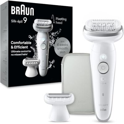 Braun Silk·Epil 9, epilator med svängbart huvud för enkel hårborttagning, torr och våt användning, hållbar mjuk hud, inklusive hårborttagningshuvud och trimmningskam, 9-041, silver Braun Silk·Epil 9, epilator med svängbart huvud för enkel hårborttagning, torr och våt användning, hållbar mjuk hud, inklusive hårborttagningshuvud och trimmningskam, 9-041, silver