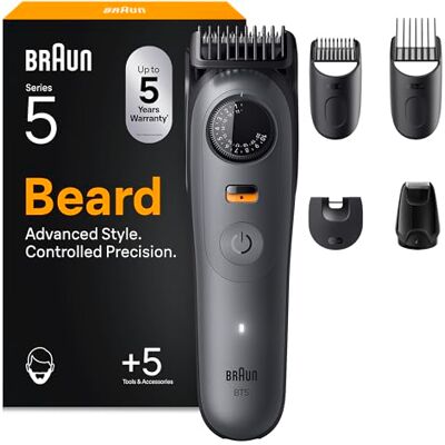 Braun skäggtrimmer serie 5, +5 stylingverktyg, ultraskarpt blad, 120 min drifttid, 40 längder, vattentätt, precisionshjul och lås, BT5525, grå Braun skäggtrimmer serie 5, +5 stylingverktyg, ultraskarpt blad, 120 min drifttid, 40 längder, vattentätt, precisionshjul och lås, BT5525, grå