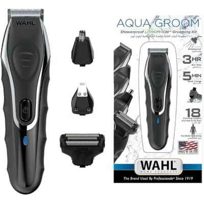 Wahl Aqua Groom Showerproof, uppladdningsbar litium-multigroomer för män Sladdlös, ergonomiskt grepp, självslipande precisionsslipade blad, 1 timmes laddning, 3 timmars drifttid Wahl Aqua Groom Showerproof, uppladdningsbar litium-multigroomer för män Sladdlös, ergonomiskt grepp, självslipande precisionsslipade blad, 1 timmes laddning, 3 timmars drifttid