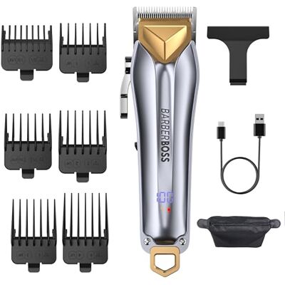 BARBERBOSS hår- och skäggtrimmer för män, trådlös hårtrimmer för män, hårtrimmer med justerbar urtavla, 6 kamskydd, USB-laddning och LED-skärm, komplett skötselset för män BARBERBOSS hår- och skäggtrimmer för män, trådlös hårtrimmer för män, hårtrimmer med justerbar urtavla, 6 kamskydd, USB-laddning och LED-skärm, komplett skötselset för män
