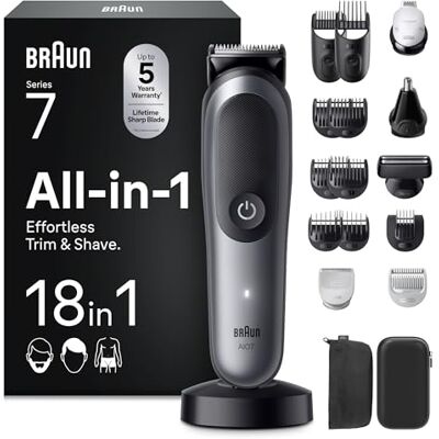 Braun Allt-i-ett-serie 7 groomingkit, 18 in1, ProBlade & AutoSense, 120 min, SkinGuard och skäggblekning, AquaGrip för användning under vatten, AIO7585, grå 18-i-1 stylingkit för skägg, hår, öron, näsa och kropp, 120 min användning, hårklippare för män Braun Allt-i-ett-serie 7 groomingkit, 18 in1, ProBlade & AutoSense, 120 min, SkinGuard och skäggblekning, AquaGrip för användning under vatten, AIO7585, grå 18-i-1 stylingkit för skägg, hår, öron, näsa och kropp, 120 min användning, hårklippare för män